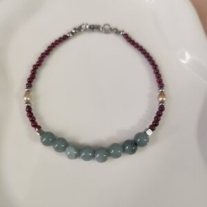 Handmade Stainless Steel Garnet And Jade Beaded Bracelet
